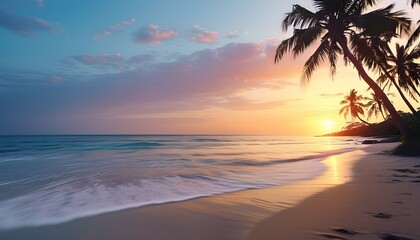 Tropical beach paradise with palm trees, soft sand, tranquil sea, and a breathtaking sunset glow