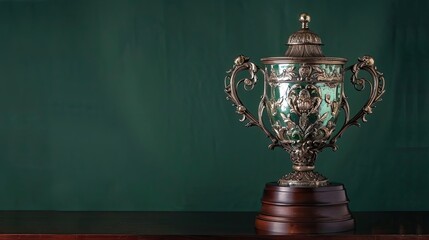 Wall Mural - Ornate bronze trophy with vintage details on polished base highlighted against dark green