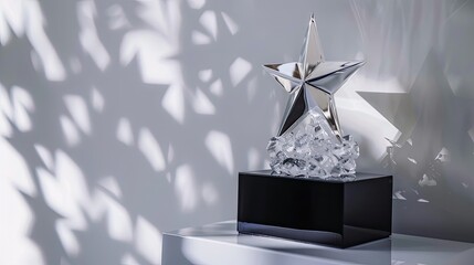 Wall Mural - Crystal star-shaped trophy with sharp edges mounted on black base displayed on white background