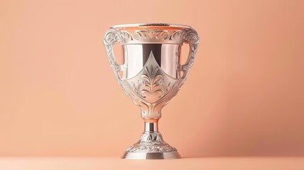 Wall Mural - Elegant silver trophy with tall narrow shape and engravings framed on soft peach backdrop