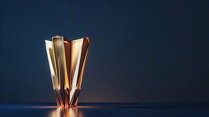 Angular gold trophy with sharp lines and glossy finish displayed on dark blue backdrop