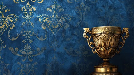 Sticker - Classic gold cup trophy with polished surface centered on royal blue wallpaper