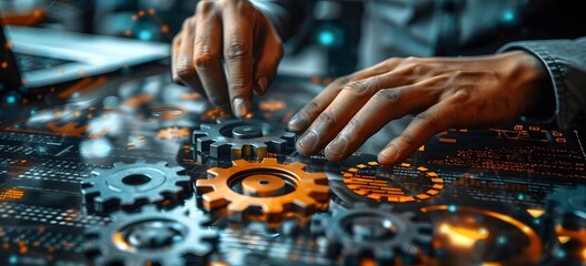 hands controlling futuristic gear system