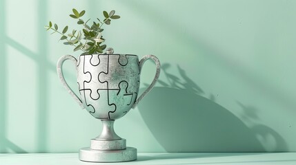 Matte silver puzzle piece trophy with interlocking shapes set on mint green wallpaper