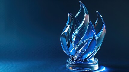 Wall Mural - Flame-shaped crystal trophy with transparent design positioned on sapphire blue background