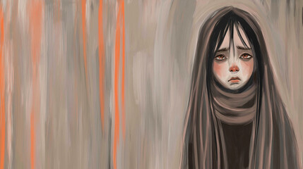 Emotionally poignant illustration of a girl in a scarf, expressing sorrow and illness with muted colors