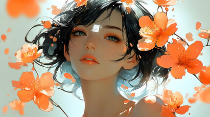 Poster - Anime Girl with Flowers in Her Hair, Beautiful Illustration