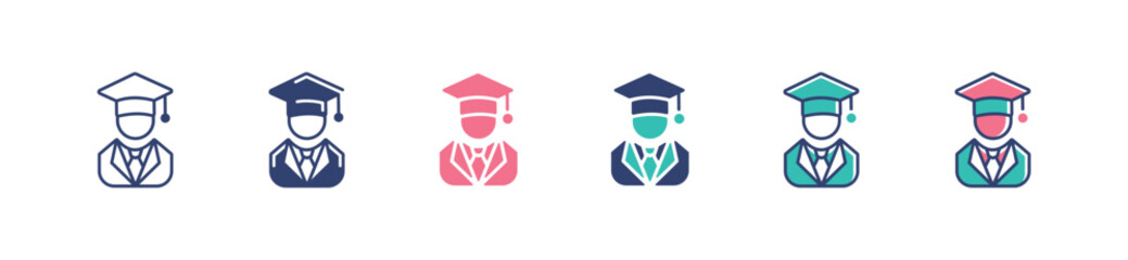 education goal student graduate icon set people wearing graduation cap for academy college ceremony vector illustration