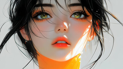 Wall Mural - Digital Art:  A Close-Up Portrait with Golden Eyes and Flowing Hair