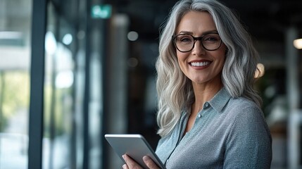 Sticker - Confident Mature Businesswoman with Tablet Smiling