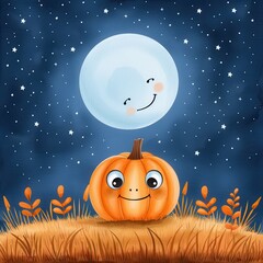 Canvas Print - A cute, whimsical illustration featuring a smiling pumpkin beneath a cheerful moon, set against a starry night sky.