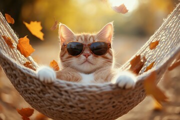 A relaxed orange cat wearing sunglasses lounging in a hammock surrounded by autumn leaves in a warm afternoon light