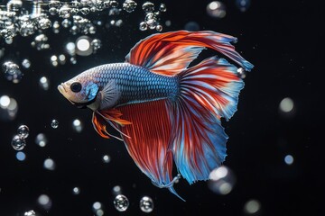 Colorful fighting fish under water There are bubbles on a black background - generative ai