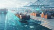 © Oulaphone - A futuristic port scene showcasing a container ship being loaded and high-tech cranes amidst a vibrant waterfront environment.