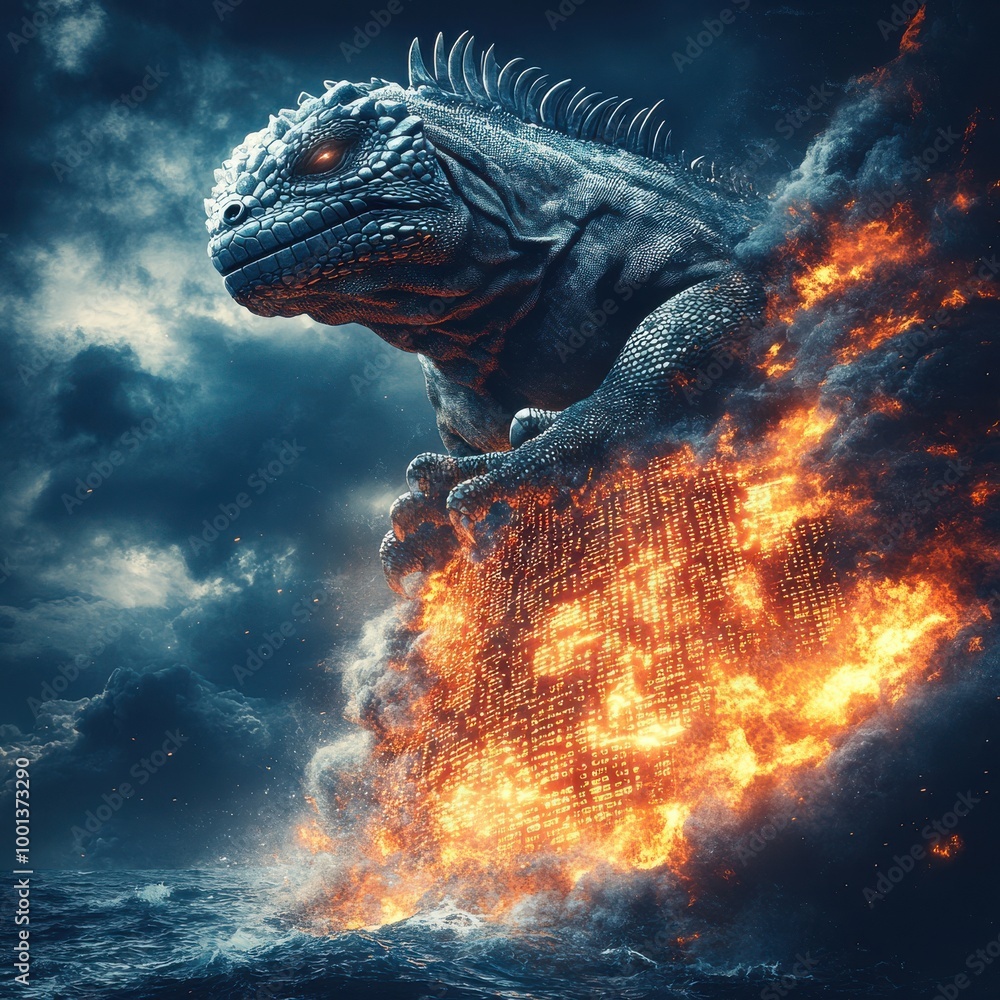 Dramatic depiction of a giant, mythical, fire-breathing lizard-like ...
