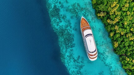 Cruise ship docked near a coral atoll, surrounded by vibrant reefs and clear waters, coral atoll, marine beauty