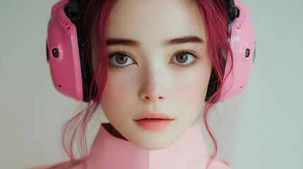 Poster - Pink Headphones,  Pink Hair, and a Soft Gaze - Portrait Photography