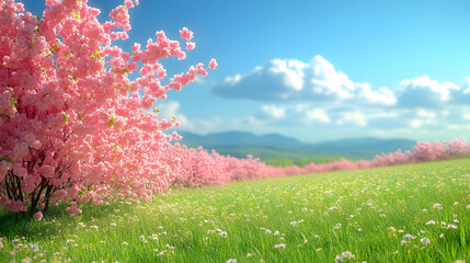 Wall Mural - Pink Blossom Trees in a Lush Green Meadow with Blue Sky