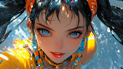 Poster - Anime Girl with Blue Eyes and Long Black Hair in a Yellow Outfit