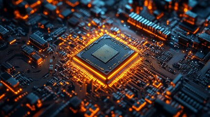 Poster - Close-up of a Glowing Microchip on a Circuit Board