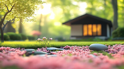 Wall Mural - Tranquil Garden with Pink Flowers & Green Grass