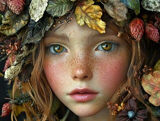 Autumnal Portrait: Woman with Floral Crown and Freckles