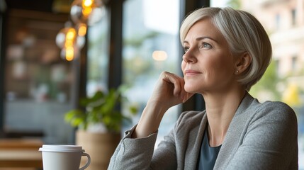 Sticker - Thoughtful Businesswoman Enjoying Coffee Moment