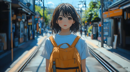 Poster - Anime Girl with Backpack in City Street