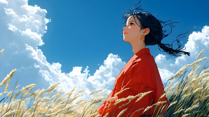 Poster - Anime Girl Gazing at the Sky with a Red Shirt in a Field