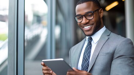 Wall Mural - Confident Businessman Smiling While Checking Data