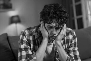 Wall Mural - Depression, young depressed man in a darkened living room, visibly distressed, holding his head in his hands. in a strong emotional struggle or despair, in black and white tone