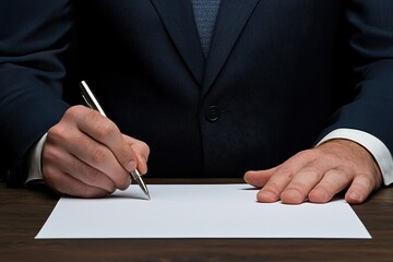 A businessman writing on a blank sheet of paper with a silver pen.