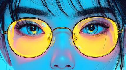 Poster - Close-Up of Eye with Yellow Glasses and Neon Light