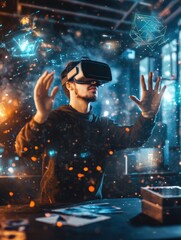 Poster - A virtual reality designer explores immersive technology in a modern studio with floating 3D objects. Generative AI