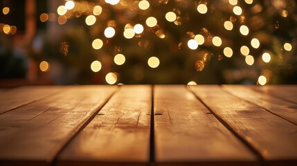 Cozy wooden table with softly glowing Christmas lights in the background, perfect for seasonal displays