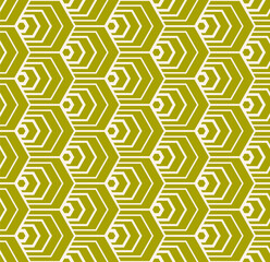 Wall Mural - Vector geometric seamless pattern with outline hexagons, tiles, stylized fish scale grid. Green and beige abstract background. Simple minimal texture. Art deco style. Repeated design for decor, print