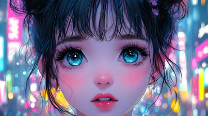 Canvas Print - Anime Girl with Blue Eyes Gazing at City Lights