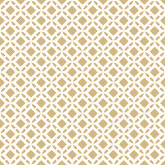 Wall Mural - Golden grid ornament. Vector abstract gold and white geometric seamless pattern with diamond shapes, flower silhouettes, lattice. Simple elegant background texture. Repeated luxury geo design