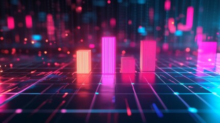 Poster - A dynamic 3D bar graph with glowing neon bars, showing data comparison in a high-tech setting with grid lines and axis markers.