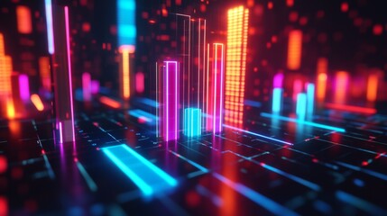 Poster - A dynamic 3D bar graph with glowing neon bars, showing data comparison in a high-tech setting with grid lines and axis markers.