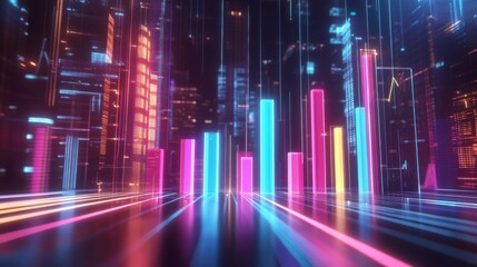 Poster - A dynamic 3D bar graph with glowing neon bars, showing data comparison in a high-tech setting with grid lines and axis markers.