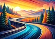 © sanom - A stylized, modern, high-contrast illustration of a winding highway with bold, vibrant colors, subtle gradient effects, and sleek, simplified road and landscape details.
