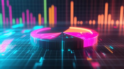 Aufkleber - A dynamic 3D pie chart with glowing neon-colored slices, separated to emphasize individual data points, set against a digital grid background.