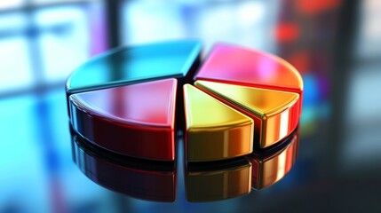 Leinwandbilder - A dynamic 3D pie chart with metallic segments, arranged on a reflective surface, representing financial data and business performance