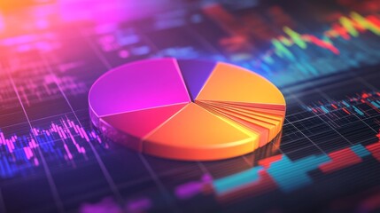 Leinwandbilder - A dynamic financial pie chart with bright, segmented slices showing business income allocation, overlaid on a blurred stock market graph for a high-tech feel.