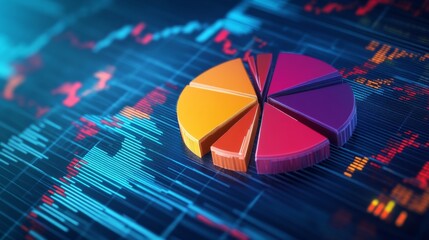Fototapete - A dynamic financial pie chart with segmented slices, showing investment portfolio allocation, overlaid on a digital background filled with stock market trends.