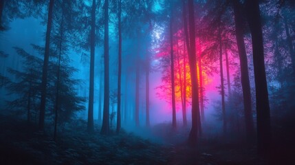 Sticker - Dark, misty forest scene illuminated by ethereal, vibrant colors breaking through the fog