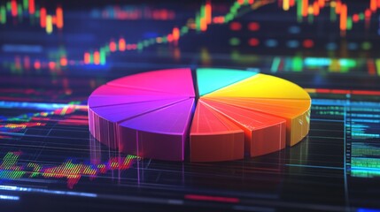 Fototapete - A dynamic financial pie chart with segmented slices, showing investment portfolio allocation, overlaid on a digital background filled with stock market trends.