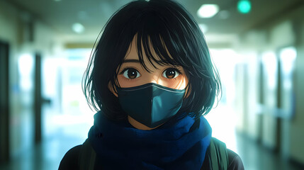 Poster - Anime Girl Wearing Face Mask in a Hallway