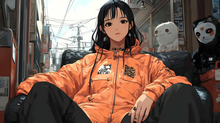 Poster - Anime Girl in Orange Jacket Sitting on a Couch